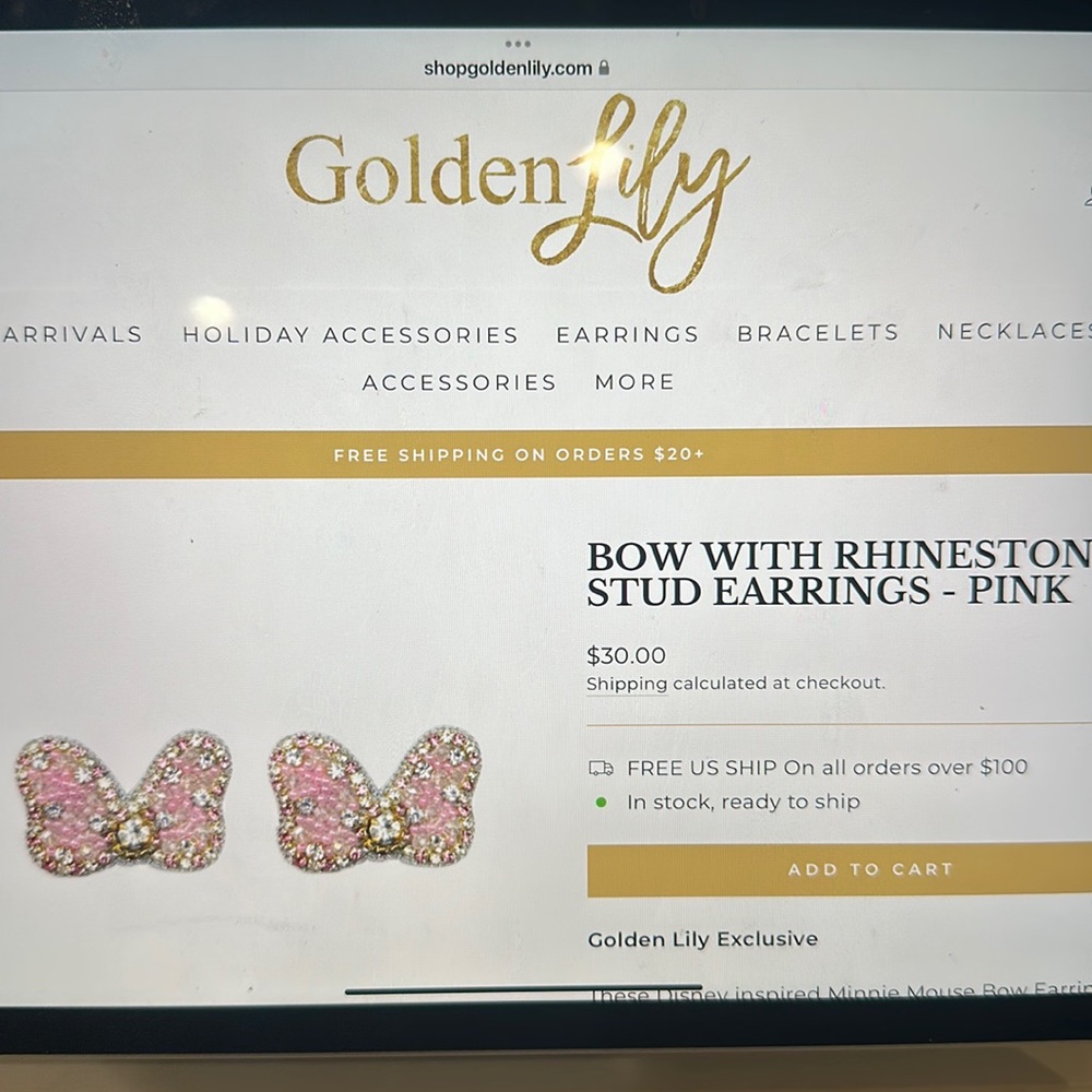 Golden Lily - Disney Bow with Rhinestone Stud Earrings - Pink  BNWT